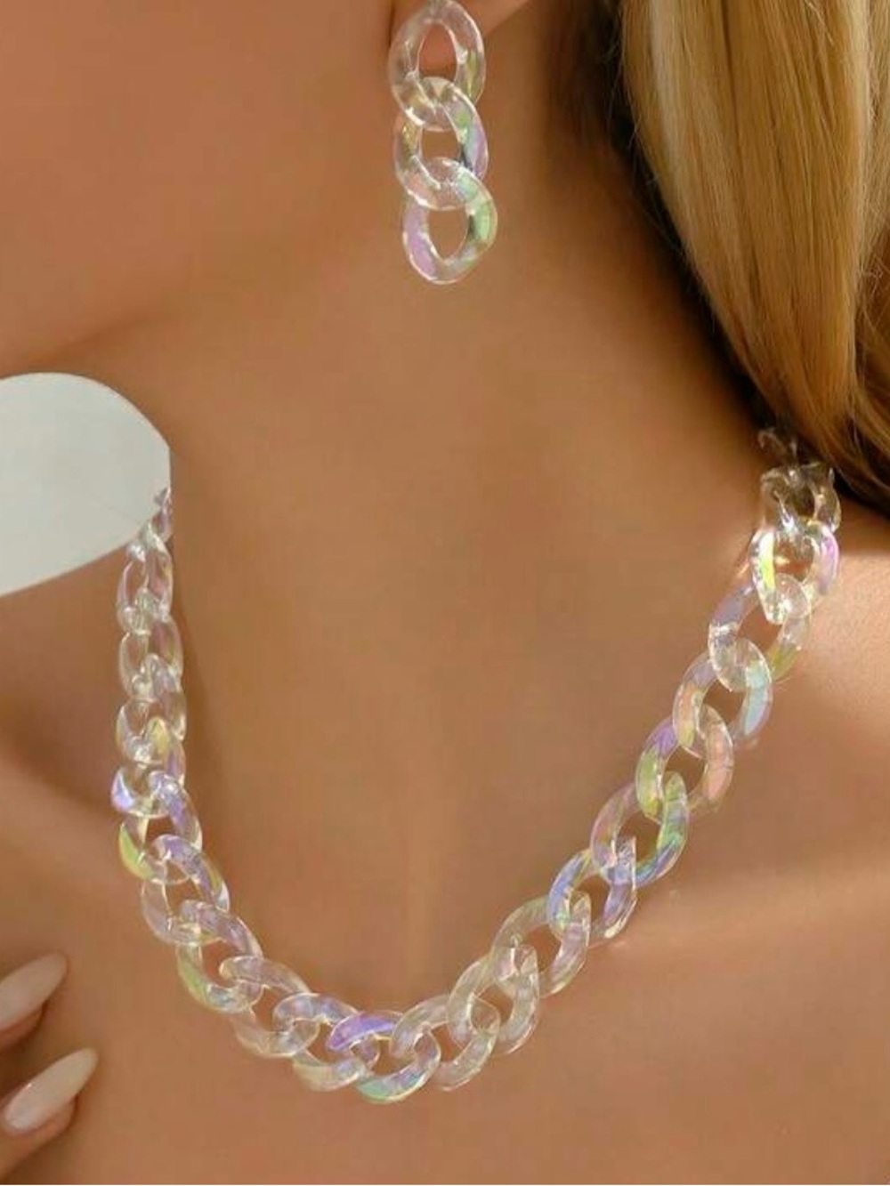 Iridescent Clear Chain Necklace and Earrings Set